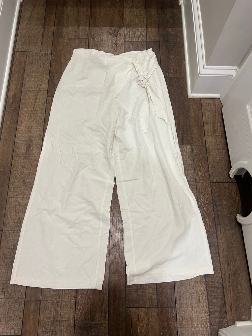 Bershka Cream Wide-Leg Tie-Waist Pants